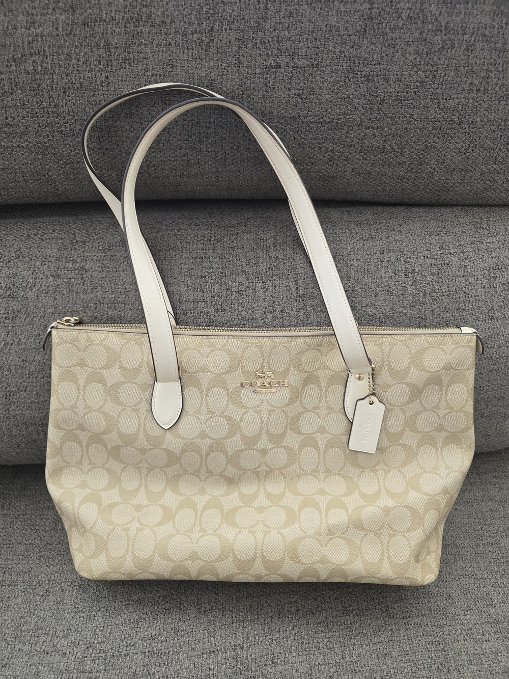 Coach Beige Signature Canvas Tote Bag with White Leather Trim